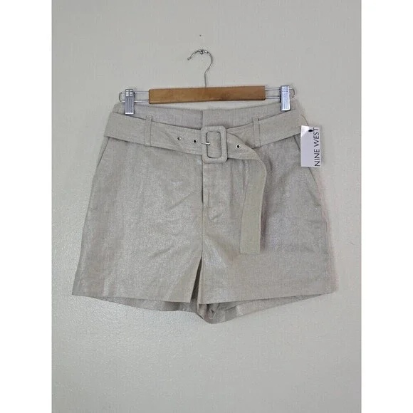 Nine West Metallic Linen Blend Shorts Belted High Waist Gold Beige Womens Small - Picture 3 of 12